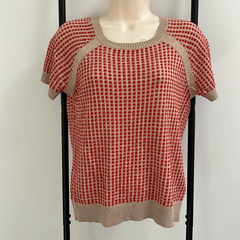 SI-IAE Knit Top Cream Red 3D  Cotton Cashmere Sweater Short Sleeve Women Size M